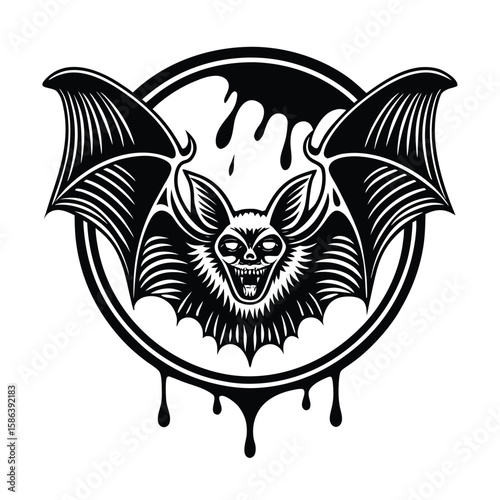 Fierce bat with dripping blood inside a circle silhouette
