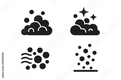 Bubble foam icon set. Vector glyph pictograms of water bubbles, sparkle, and cleanliness. Air movement, effervescent fizz, and underwater black silhouette illustrations.