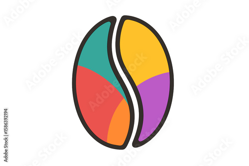 Multicolor Coffee Bean Icon, Abstract Coffee Seed Symbol, Vibrant Vector Illustration, Transparent PNG, Modern Coffee Logo Design, Colorful Coffee Art Graphic