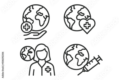 Global health and medical care line icon set. Vector pictograms of worldwide healthcare, support, wellness initiatives, vaccination, and planet earth protection concepts.