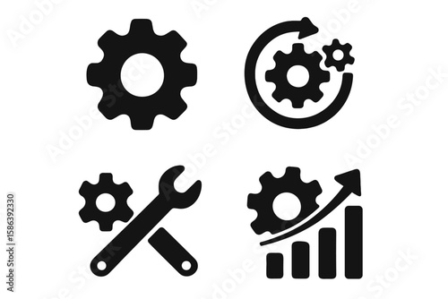 Gear settings icon set of 4. Vector glyph pictograms of cogwheel and wrench. Optimization, process, system update, configuration, maintenance, and automation concept.
