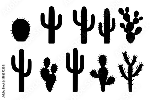 Cactus silhouette set vector illustration. Collection of black isolated saguaro and prickly pear cacti icons. Western desert plant graphic elements on transparent background.