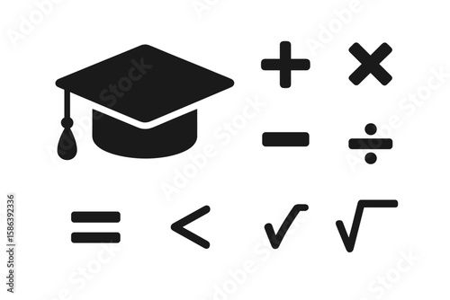 Modern Graduation Cap and Mathematics Symbols Vector Set. Academic Achievement Icon Collection. Plus, Minus, Multiply, Divide, Equal, Less Than, Square Root. Education and Math Concept Illustration.
