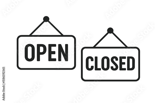 Open and closed signs vector illustration. Hanging door signs for shop, store, or business. Welcome and sorry we're closed icon set. Information symbol for entrance.