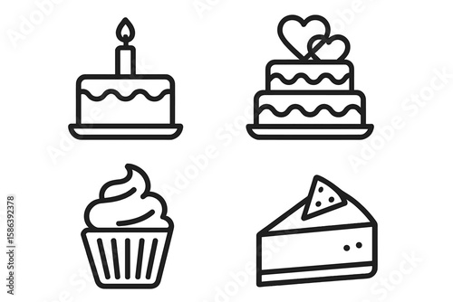 Cake line icon set. Vector dessert symbols. Birthday cake, wedding pastry, cupcake, cheesecake slice pictogram. Bakery logo, confectionery sign. Editable stroke graphic.