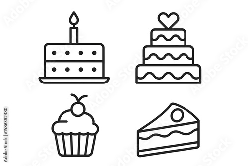 Cake line icon set. Vector pictograms of birthday and wedding cakes, cupcake, and pastry dessert slice. Sweet food symbols for celebration. Thin linear outline illustration.