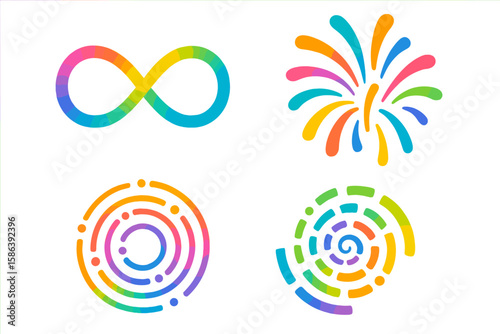Set of colorful abstract icons. Rainbow infinity symbol for neurodiversity and autism. Firework for celebration. Spiral and circle for technology or logo concepts. Vector.