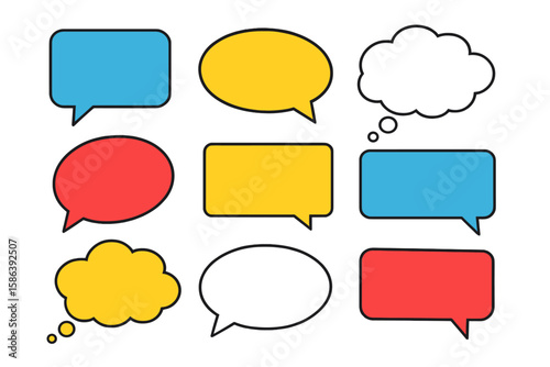 Vector set of colorful speech bubbles. Blue, yellow, red, white chat and thought balloons. Communication, dialogue boxes for messages, comments, and quotes. Isolated illustration.