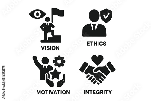 Core values icon set with vision, ethics, motivation, and integrity. Business leadership pictograms for concepts like trust, teamwork, growth, and innovation. Vector glyphs.