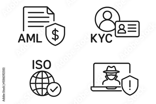 Financial compliance and corporate risk management vector icon set. Outline symbols for AML, KYC, ISO standards, and online fraud detection. Business law and security regulation.