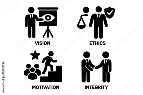 Core values icon set. Business concepts of vision, ethics, motivation, integrity. Leadership, teamwork, trust, growth, innovation. Glyph pictograms for corporate principles.