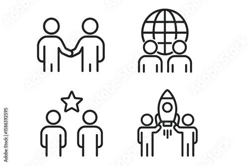 Partnership, collaboration line icon set. Teamwork, global cooperation vector. Shared success, mutual support, project launch, achievement pictograms. Handshake, startup rocket.