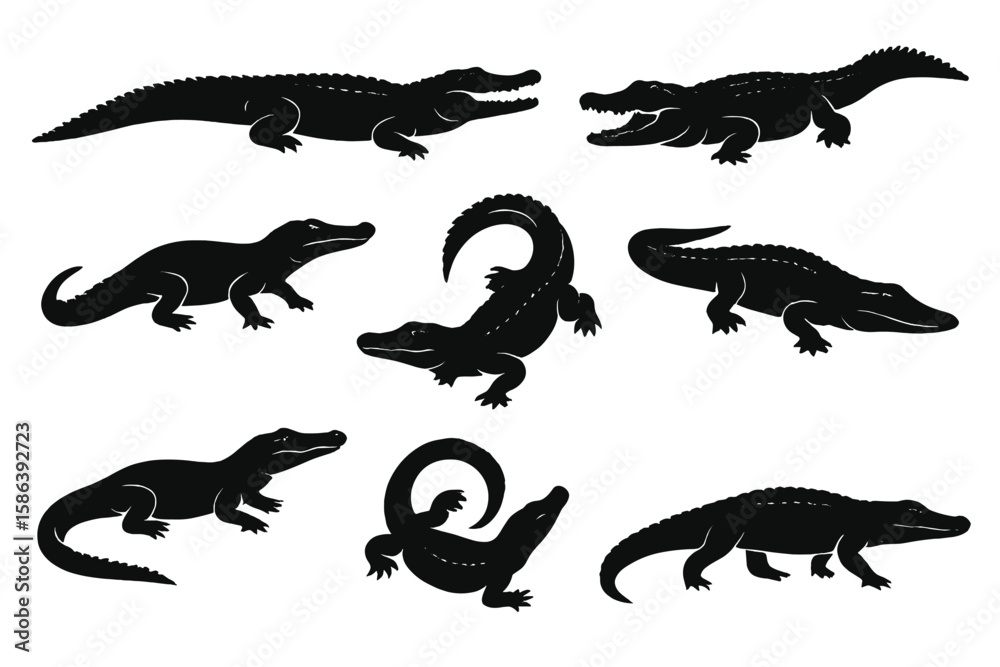 Naklejka premium Crocodile alligator black silhouette vector illustration set. Collection of reptile predators in various poses. Wildlife animal icons for zoo, nature, and safari design.