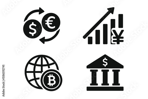 Finance icon set. Currency exchange dollar and euro. Financial growth chart. Stock market investment graph. Global economy bitcoin cryptocurrency. Bank building pictogram. Vector glyph.