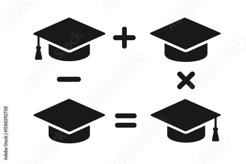 Black Graduation Cap Silhouettes with Mathematical Symbols – Academic, Education, Science, School, Learning, and Knowledge Concept Vector Illustration Set
