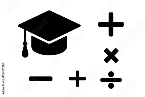 Black Graduation Cap and Essential Math Symbols Vector Set – Education, Science, School, Academic Theme, Plus Minus Multiplication Division Icons, Modern Silhouette Graphic Illustration