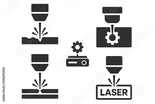 Laser Technology and Processing Icon Set – Industrial Laser Cutting, Engraving, Welding, Marking, Machine Components, Precision Beam Control, Manufacturing Symbols