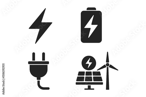 Power and energy vector icon collection. Glyph symbols for electricity, battery charging, electrical plug, and renewable green energy like solar and wind power. Isolated set.