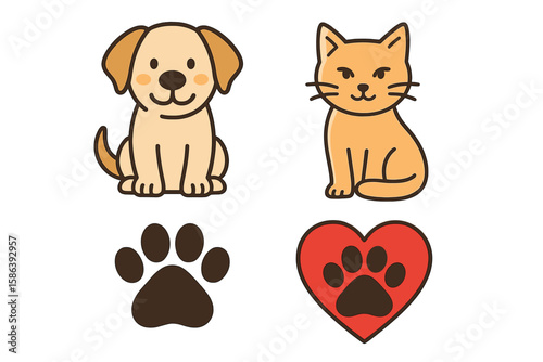 Cute cat and dog cartoon characters with paw print icons. Pet love symbol with heart. Vector illustration set for animal lovers, veterinary clinics, and pet shops designs.