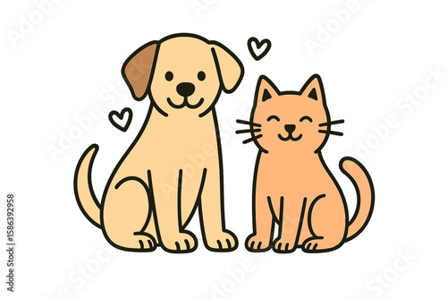 Cute dog and cat friends vector illustration. Happy pets sitting together with hearts. Cartoon animal characters perfect for pet lovers, veterinary, or shelter concepts.