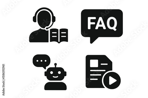 Modern Information and Support Icon Set – 4 Black Vector Glyphs Representing Help Center, FAQ, Documentation, Knowledge Base, Chatbot, Tutorial, Speech Bubble, Book, and Digital Guide