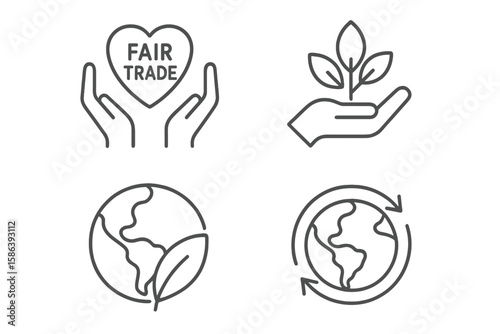 Fair trade and sustainability line icon set. Vector pictograms of ethical practices, eco-friendly initiatives, global responsibility, and environmental care. Thin linear symbols.
