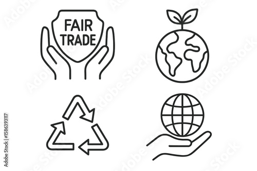 Fair trade and sustainability line icon set. Vector pictograms of ethical practices, eco friendly initiatives, global responsibility, and environmental conservation concepts.
