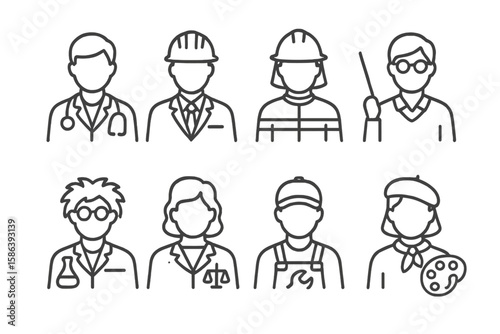 Profession line icon set. Vector pictograms of doctor, engineer, firefighter, teacher, scientist, lawyer, mechanic, artist. Job occupations & career symbols. Thin linear avatars.