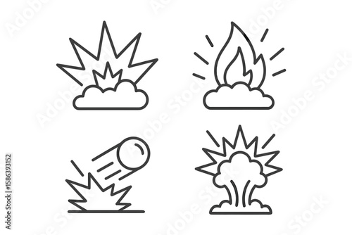 Explosion line icon set. Concepts of blast, burst, and detonation. Vector symbols for fireball, impact, shockwave, meteor, bomb, atomic, or chemical explosion. Linear design.