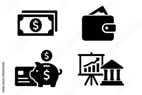 Finance and money icon set. Vector glyph pictograms of cash, wallet, credit card, and piggy bank. Concepts for banking, investment, transactions, and financial management.