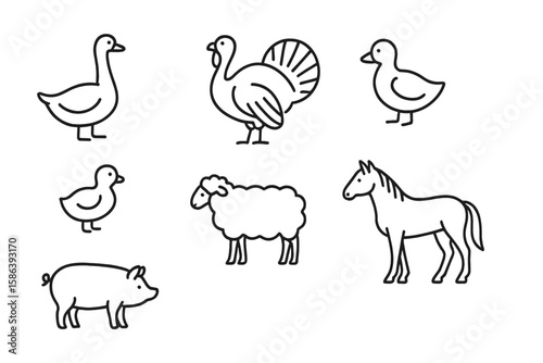 Farm animals line icon set. Vector pictograms of domestic goose, turkey, chick, duck, sheep, horse, pig. Thin linear illustration for agricultural or nature concepts.