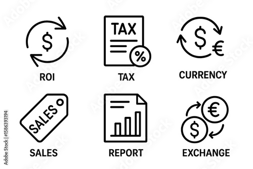 Finance and business line icon collection. Vector symbols for financial concepts like ROI, tax form, currency exchange, sales tag, and performance analysis data report.