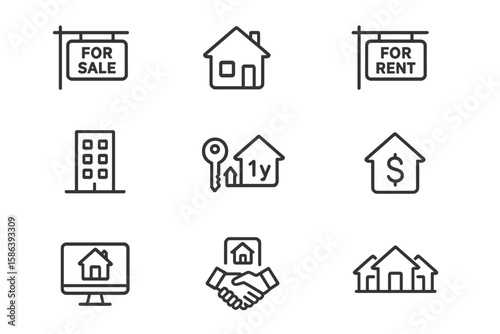 Modern Real Estate Line Icon Set for Property Sale, Rent, Agency, Website, App, Apartment, House, Key, Investment, Digital Marketing, Transparent PNG, Vector Illustration