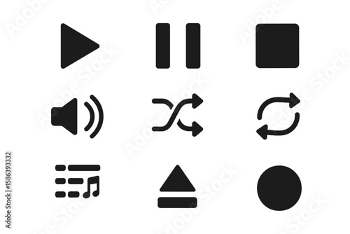 Modern Multimedia Control Icons Set. Play, Pause, Stop, Volume, Shuffle, Repeat, Playlist, Eject, Record. Flat Vector Illustration for App UI, Web Interface, Transparent Background, Audio Video Player