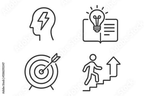 Motivation and Achievement Line Icon Set – Vector Illustrations of Energy, Inspiration, Learning, Focus, Target, Arrow, Goal Setting, Progress, Self-Discipline, Success, Thin Linear Style