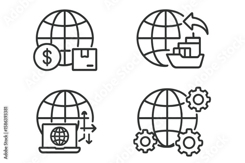 Global business line icon set. Vector pictograms for international trade, worldwide commerce, cargo shipping logistics, digital connectivity, and supply chain globalization.