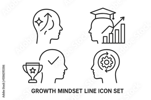 Growth Mindset Line Icon Set. Vector Illustrations of Motivation, Education, Resilience, Student Learning, Reflection, Challenge, Progress, Personal Development, Skills, Achievement, Success
