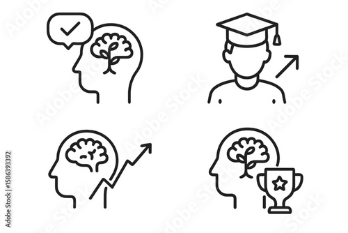 Growth mindset line icon set. Pictograms for motivation, education, and resilience. Psychology symbols for learning, challenge, progress, development, and personal skills.