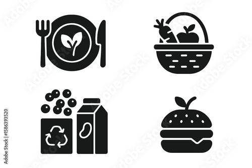 Organic Food Glyph Icon Set – Vegan Meal, Fresh Vegetables, Fruit Basket, Berries, Superfood, Plant Protein, Bean Milk, Recyclable Packaging, Dairy-Free, Healthy Burger Vector Collection