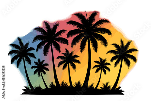 Tropical Palm Tree Silhouette Vector Illustration with Vibrant Multicolored Sunset Background, Exotic Island Paradise, Summer Vacation, Transparent PNG for Design and Decor