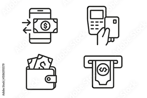 Modern Payment and Financial Transaction Line Icon Set – Digital Money Transfer, Mobile Banking, ATM Withdrawal, Wallet Cash, Credit Card POS – Thin Linear Vector Collection
