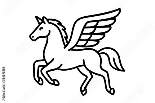 Pegasus flying with open wings, mythical winged horse, fantasy animal, line art, minimal outline icon, magical creature, vector illustration, transparent background, black and white drawing