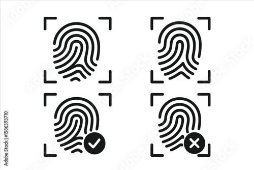Set of fingerprint scan icons. Biometric security authentication symbol. Thumbprint recognition for user identification access. Approved and rejected login status for app UI.