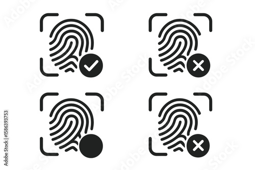 Fingerprint scan icon set for security access. Biometric thumbprint authentication symbols with approved and rejected signs. Vector UI elements for mobile app and website.