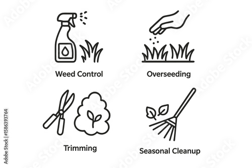 Lawn Care Service Line Icon Set – Thin Linear Vector Pictograms of Weed Control, Overseeding, Trimming, Shrub Pruning, Leaf Removal, Seasonal Cleanup, Irrigation, Gardening Tools