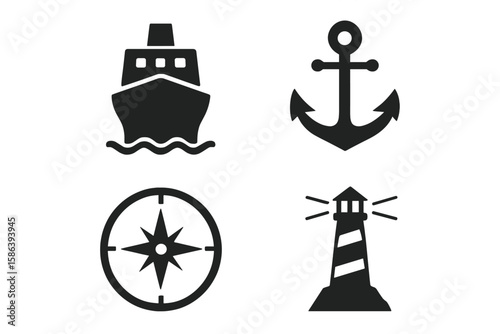 Maritime Nautical Icon Set – Black Silhouette Vector Collection of Ship, Anchor, Compass, Lighthouse, Ocean Navigation, Marine Travel, Sailing, Sea Adventure, Nautical Symbols