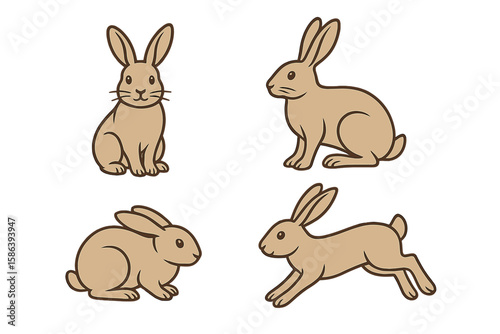 Cute Rabbit, Bunny, Hare Vector Illustration Set – Cartoon Animal Clipart for Easter, Spring, Nature, Wildlife, Kids, Transparent Background, Pet Mammal Collection, Greeting Card Design