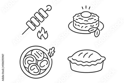 Set of 4 Thin Line Icons of Meat Dishes: Kebab Skewer, Beef Tartare, Carpaccio Salad, Savory Meat Pie – Minimalist Vector Illustrations for Restaurant Menu, Food Packaging, Culinary Design