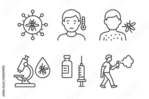 Mosquito-Borne Diseases Vector Icon Set: Virus Transmission, Fever, Rash, Malaria, Dengue, Blood Test, Vaccine, Injection, Symptoms, Repellent Spray, Fumigation, Prevention Concepts