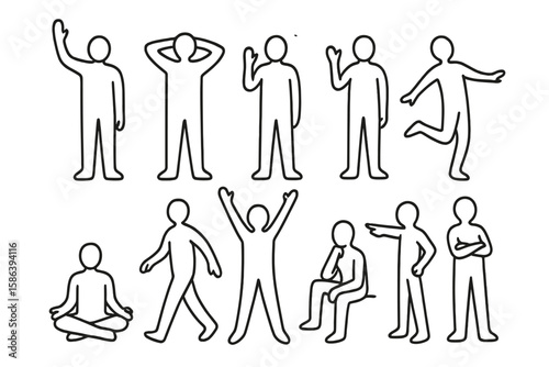 Outline People Diverse Poses Vector Collection, Silhouettes of Human Figures in Various Gestures and Actions, Minimalist Line Art Illustration on Transparent Background for Design